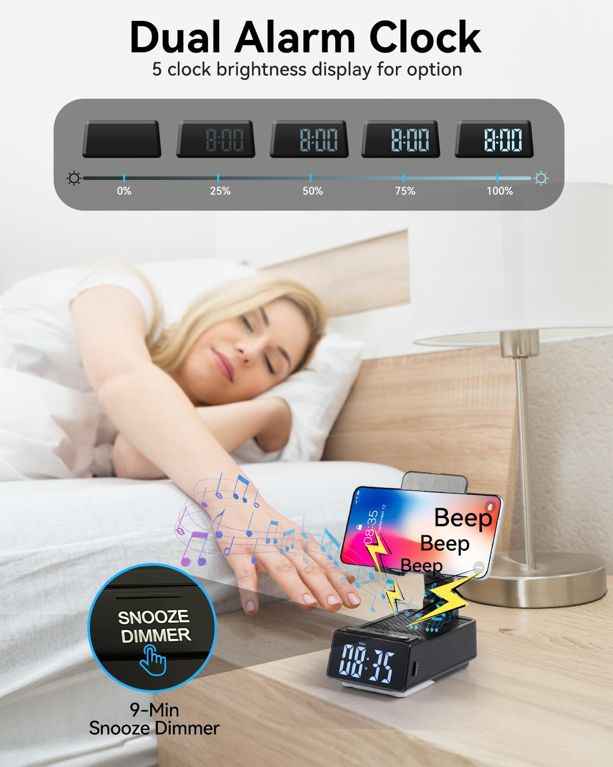 Bfushiony Cell Phone Stand With Wireless Bluetooth Speaker & Alarm Clock - Birthday Gifts For Men Women, 5 In 1 Phone Holder Wit