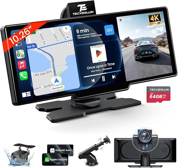 TECXERLLON 10.26'' Wireless Carplay Screen for Car with 4K Dash Cam & 1080P Backup Camera, Portable Car Audio Receivers wi...