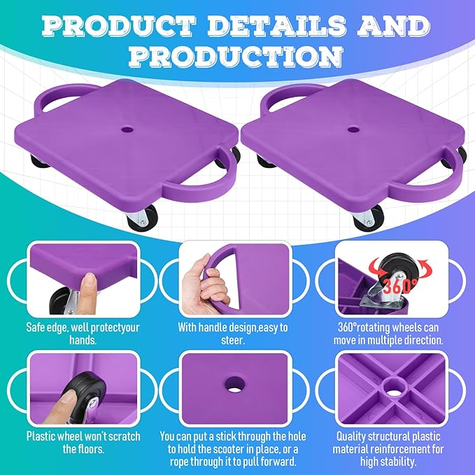 Jerify 4 Pieces Sports Scooter Board Bulk Sitting Board with Handles Plastic Casters Sport Flat Scooter for Kids Children Gym Indoor Outdoor Activities Play Equipment (Colorful)
