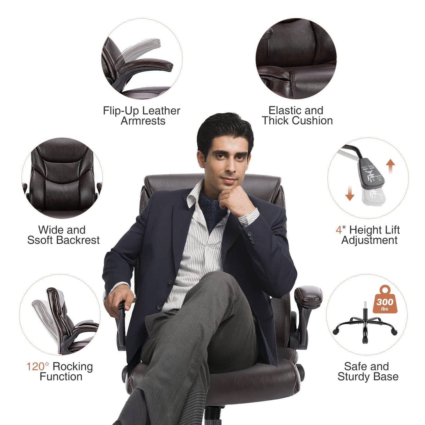 Ergonomic High Back Office Chair, PU Leather Executive Computer Desk Gaming Chairs with Flip-up Arms, Home Office Adjustable Swivel Rolling Chair with Wheels - Brown