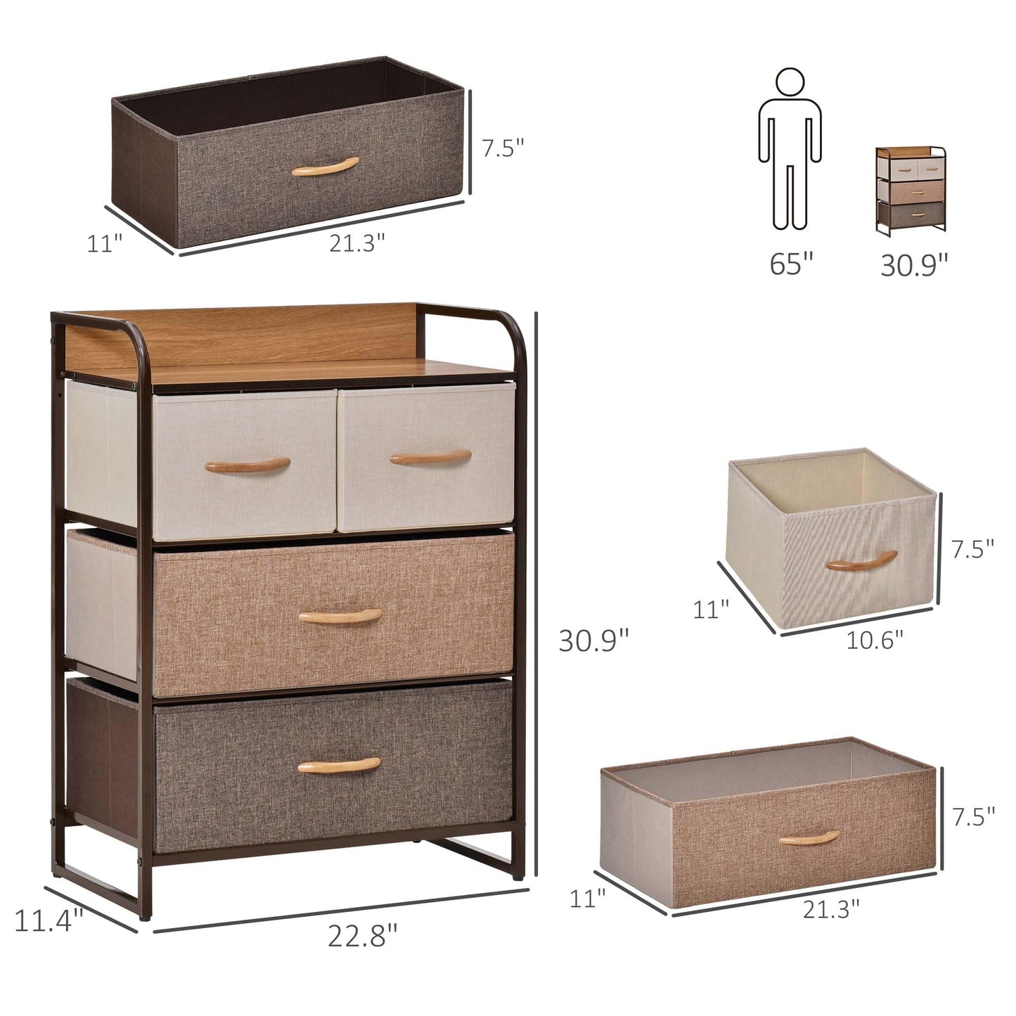 HOMCOM 4-Drawer Dresser, Fabric Chest of Drawers, 3-Tier Storage Tower with Steel Frame and Wooden Top for Bedroom, Nursery Room, Multicoloured