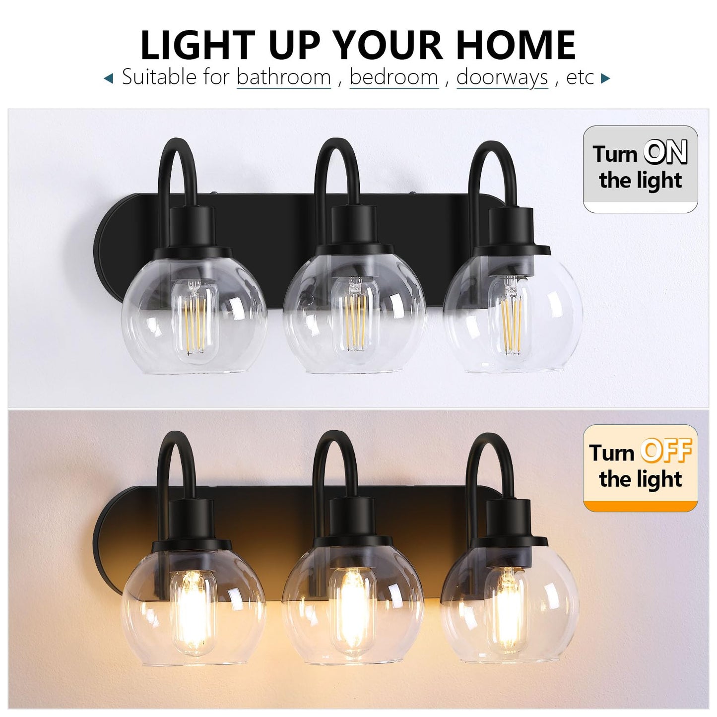 Dpyrrhic Bathroom Vanity Light,Modern 3-Light Bathroom Lighting Fixtures Over Mirror with Clear Glass Shade and Metal Base,Matte Black Bathroom Lighting