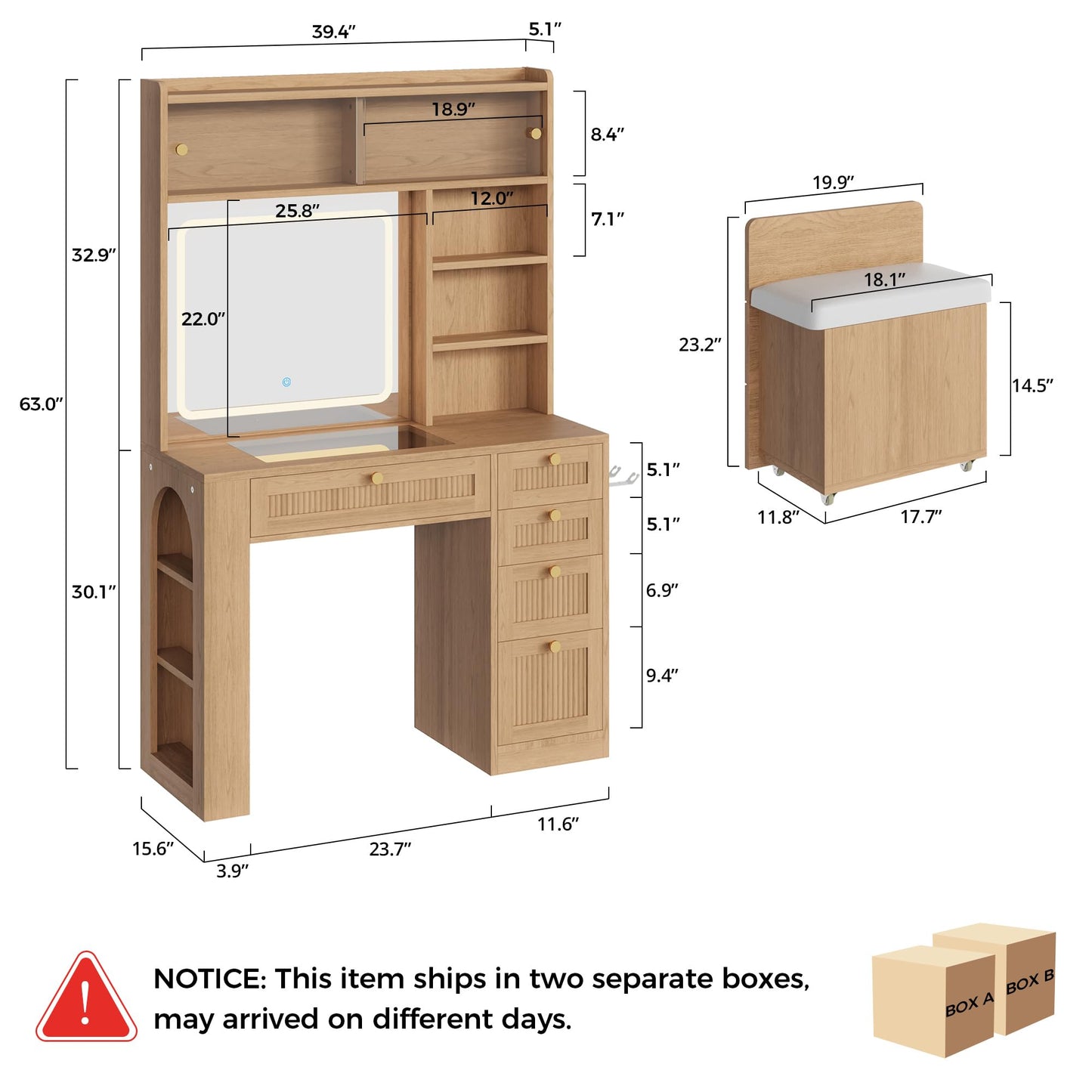 IRONCK Vanity Set with Stool, Makeup Vanity with LED Lighted Mirror, See-Through Drawer, Charging Station, Dressing Table with 4 Drawers and Open Shelves, White/Natural Wood