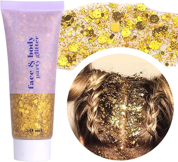 Paminify Gold Face Glitter Gel,Mardi Gras Outfit for Women,Music Festival Yellow Body Glitter Singer Concerts Hair Glitter...