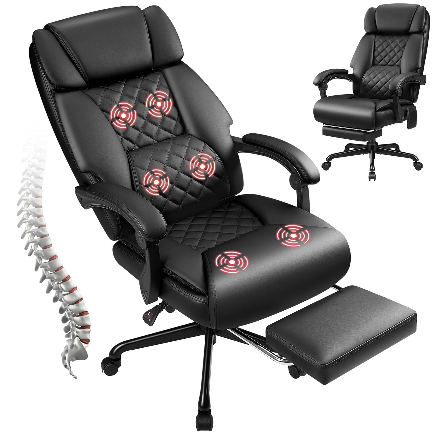 JUMMICO Massage Office Chair with 6 Point Vibration and Heat, Ergonomic Executive Home Office Desk Chair with Foot Rest, High Back 400LBS Leather Computer Chair for Home Office (Black)