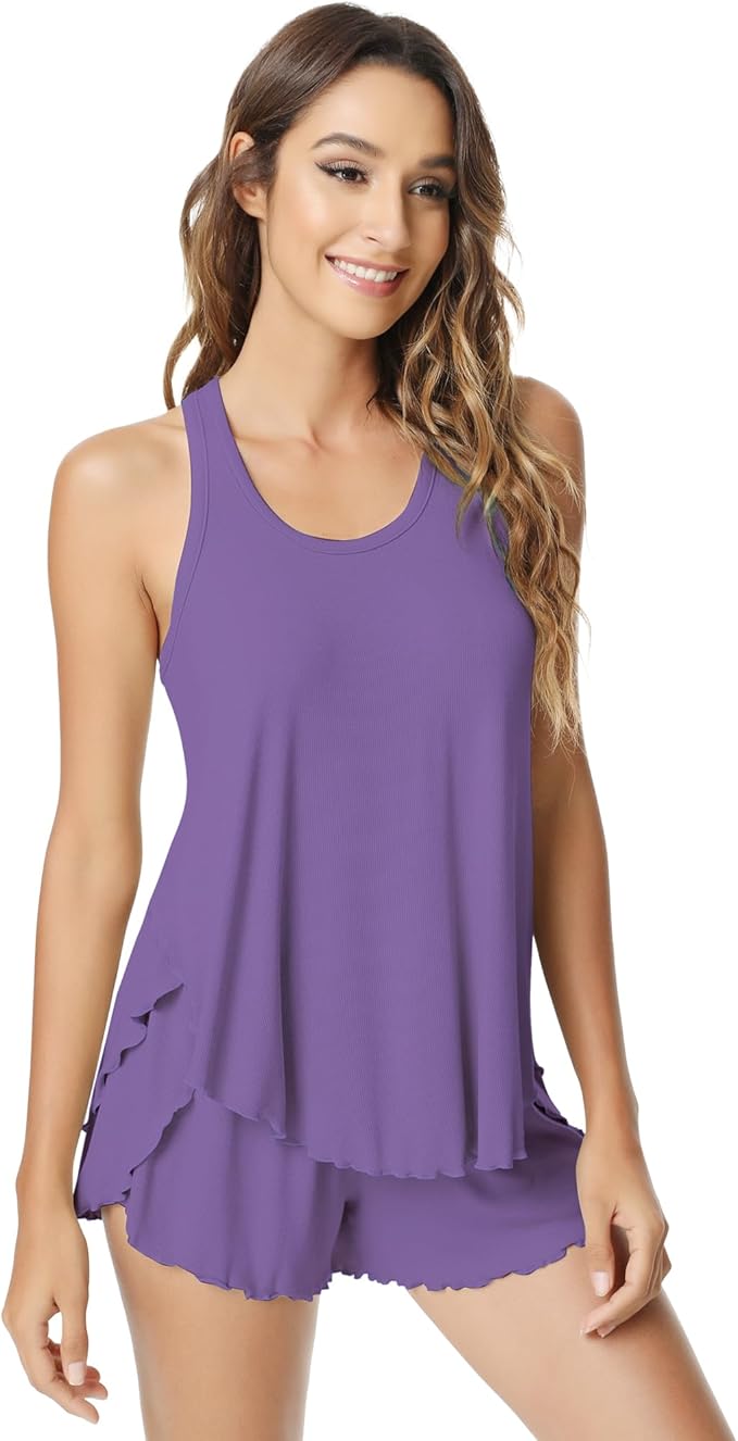 NACHILA Pajamas for Women-Viscose from Bamboo, Ribbed Racerback Tank Top Sexy Split Shorts Pajama Sets Cooling Sleep Cami Pjs