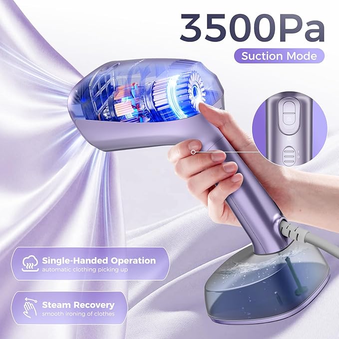 Vacuum Steamer for Clothes, Handheld Travel Garment Steamer with 3500Pa Suction and 400ml Big Capacity, 2-in-1 Steamer ＆ Iron with Large Ceramic Heat Panel, 110v-120v
