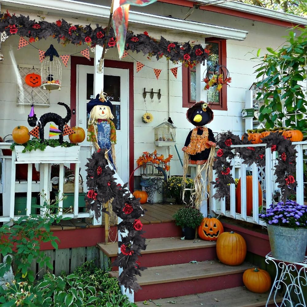 RECUTMS 2Pcs Black Fall Maple Leaf Garland with Red Roses 5.7Ft Fake Hanging Rose Vines Artificial Rose Flower Garland Black Halloween Wreath for Autumn Fireplace Indoor Outdoor Thanksgiving Decor