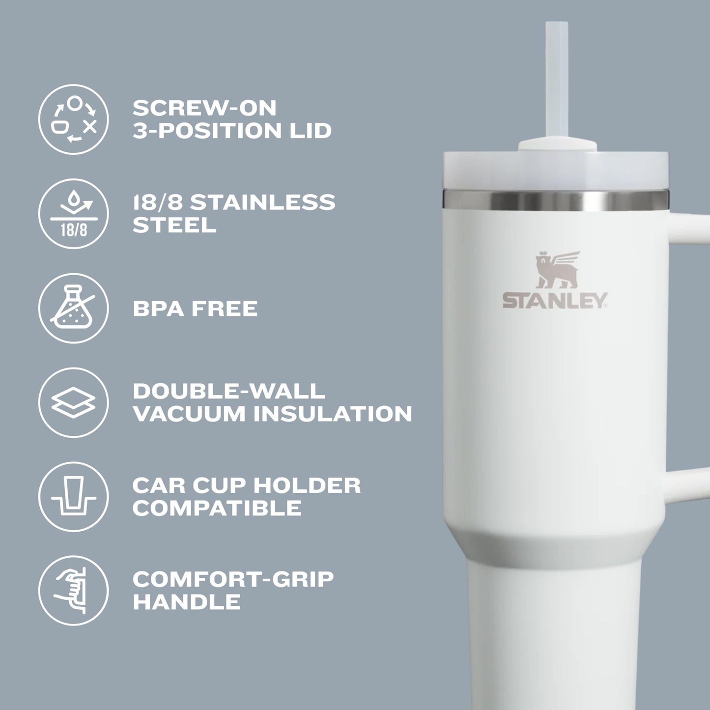STANLEY Quencher H2.0 Tumbler with Handle and Straw 30 oz | Flowstate 3-Position Lid | Cup Holder Compatible for Travel | Insulated Stainless Steel Cup | BPA-Free | Black 2.0