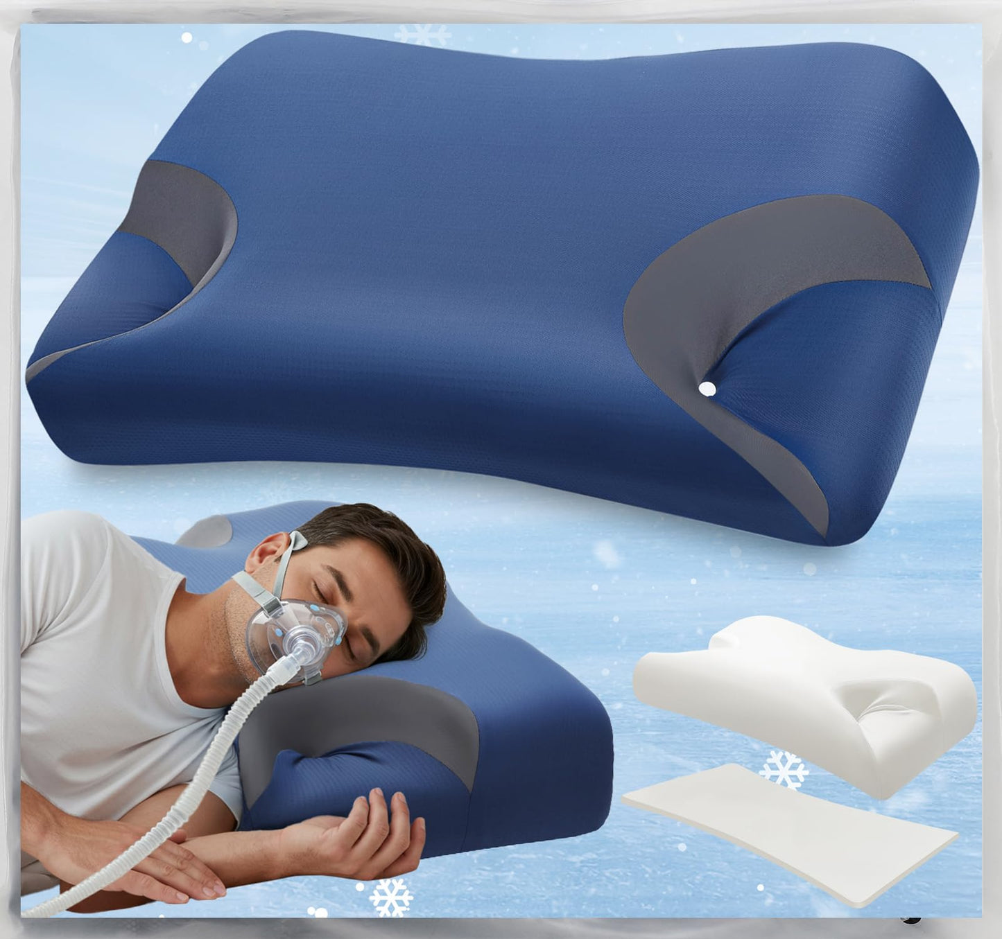 CPAP Pillow for Side & Back Sleepers – Adjustable Cervical Memory Foam Pillow for Neck Support & Better Sleep – Cooling Removable Cover – Fits Nasal, Full Face & Pillw Masks – Bonus 2cm Insert - Navy