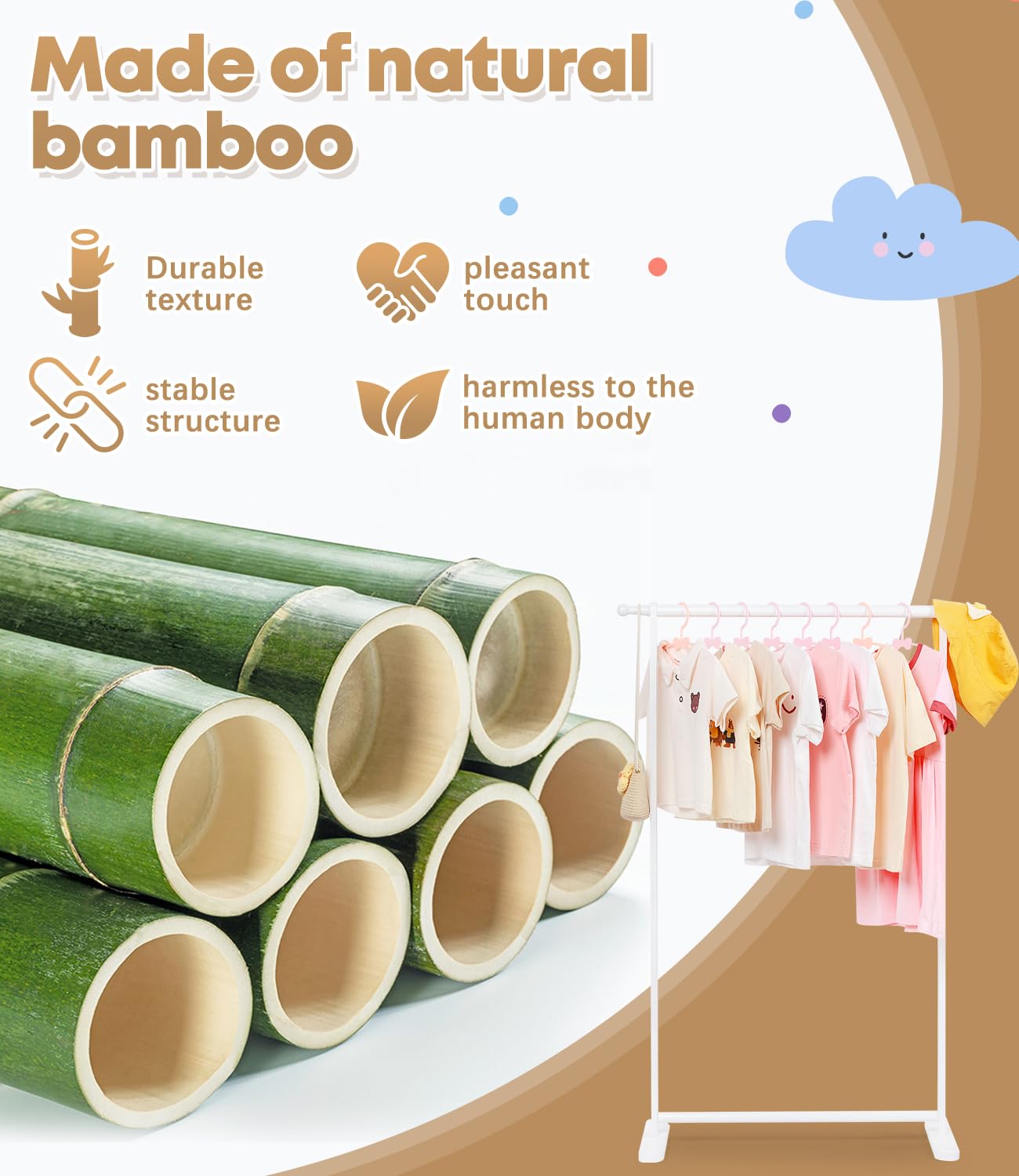 Relquorax Bamboo Kids Clothing Rack with Dual Poles, Child Dress Up Rack, Clothing OrganizerRack, Small GarmentRack, Perfect for Costumes and Accessories (White)
