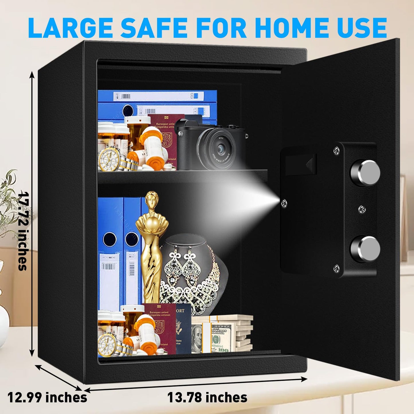 3.3 Cuft Large Fireproof Safe for Home, Home Safety Box Fireproof Waterproof with Electronic Keypad and Spare Keys, Anti-theft Digital Security Safe for Money Firearm Medicine Valuables