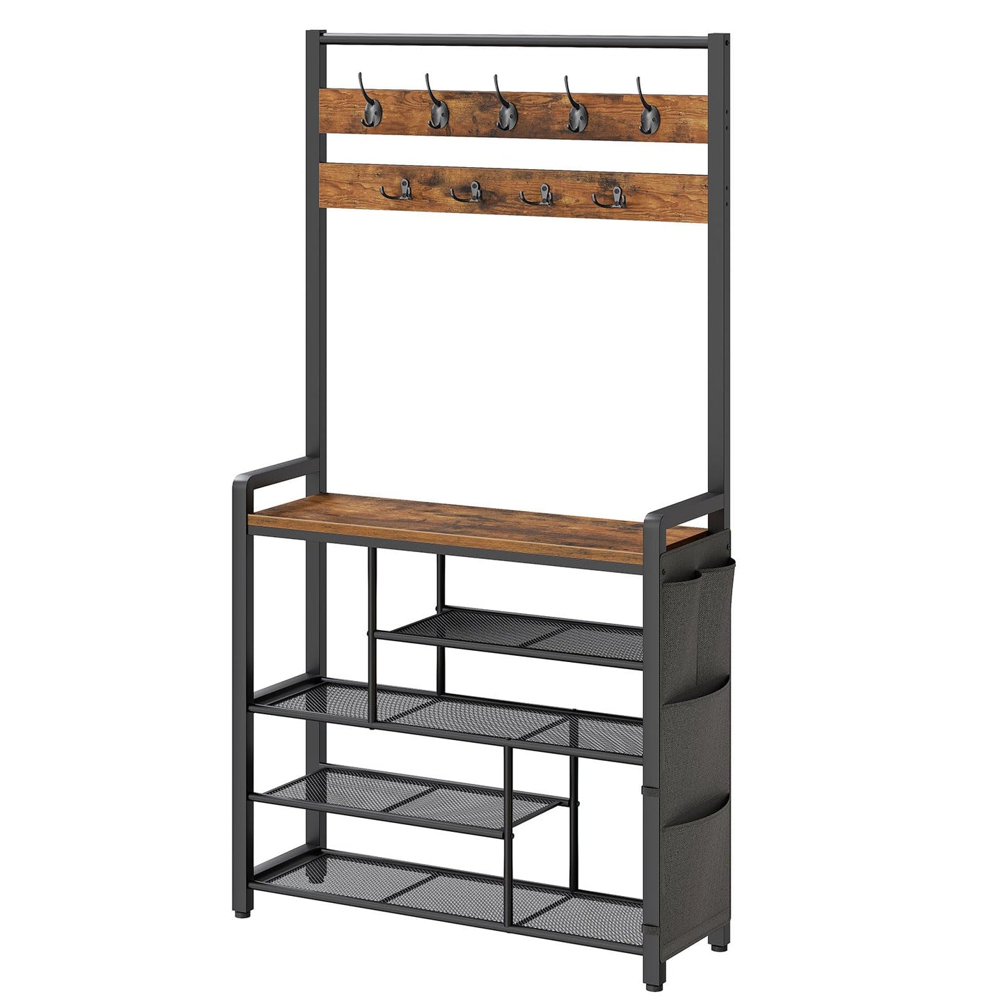 HOOBRO Hall Tree with Bench, Shoe Rack with Coat Rack, Coat Rack with Shoe Storage, 5 Tier Shoe Storage Organizer with Oxford Fabric Side Pockets, Coat and Shoe Rack Entryway, Rustic Brown BF45MT01