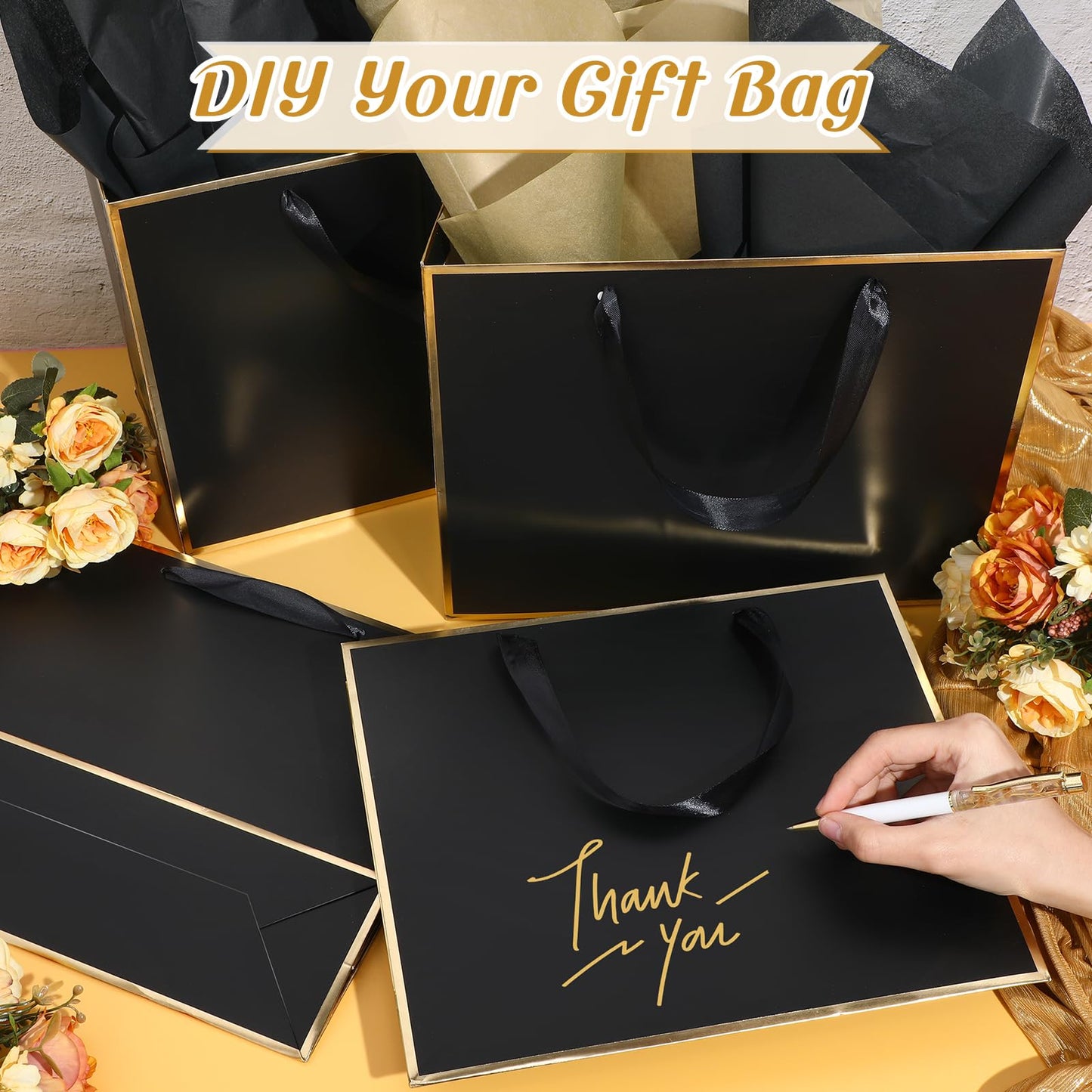 ReliThick 12 Pack 12 Pack Metallic Paper Gift Bag with Handles and Tissue Paper 11.8 x 10 x 4'' Thank You Favor Bag for Wedding Bridesmaid Groomsmen 5 Senses Birthday Gifts (Black,Gold)