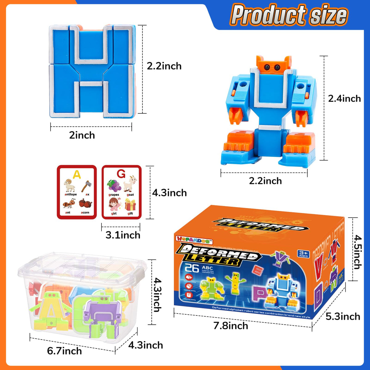 HOPANDOS Alphabet Robots Transforming Toys with 26 Phonics Cards & Storage Box, Toddlers Education Toy, ABC Learning Robots for Kids Ages 3-7 Boys and Girls Birthday Gifts