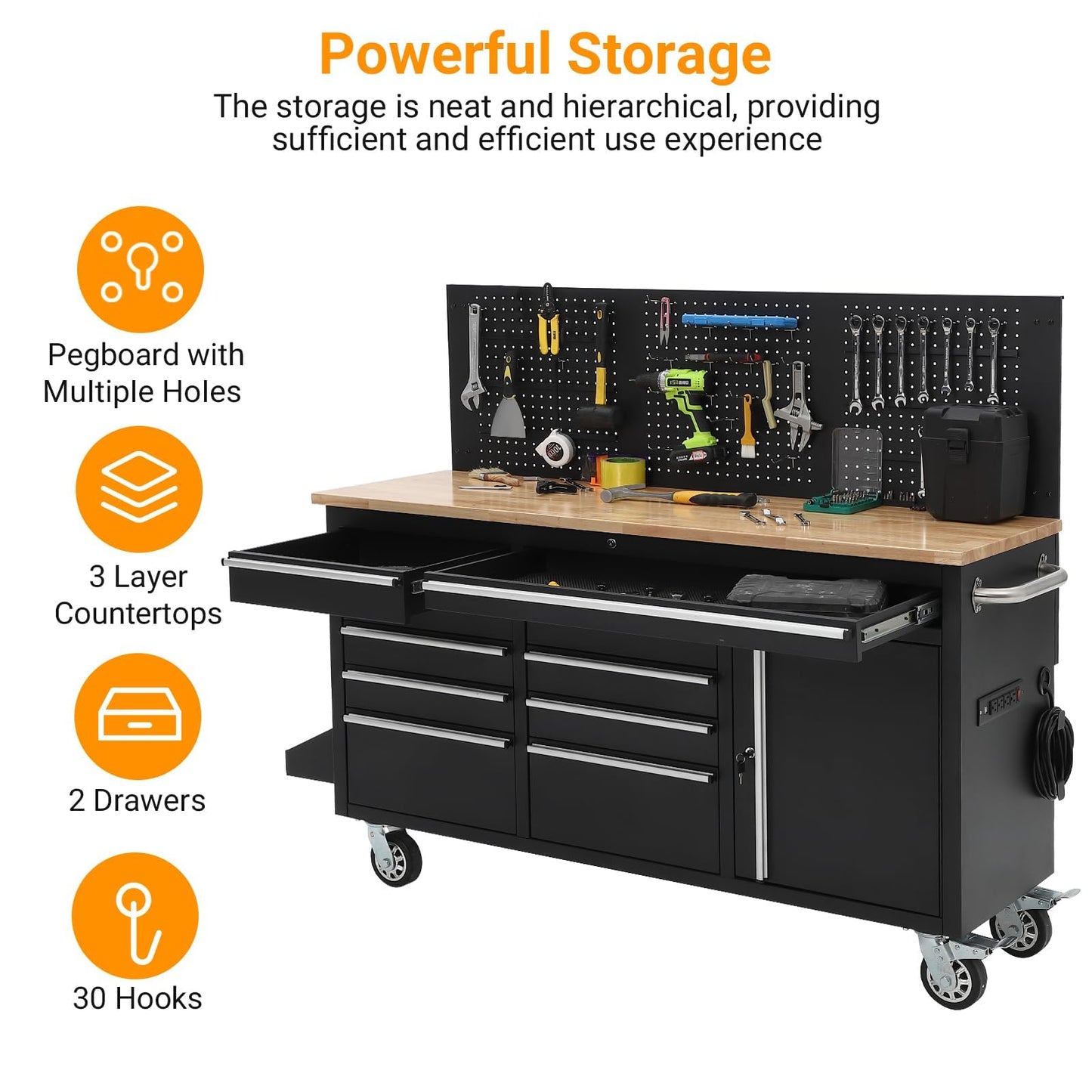Garvee Rolling Tool Chest, 61 in Garage 10 Drawers Workbench Storage Tool Cabinet with Solid Rubber Wood Top, Power Strip, 1675 LBS Load Mobile Workstation, Heavy Duty Rolling Cabinet, Black