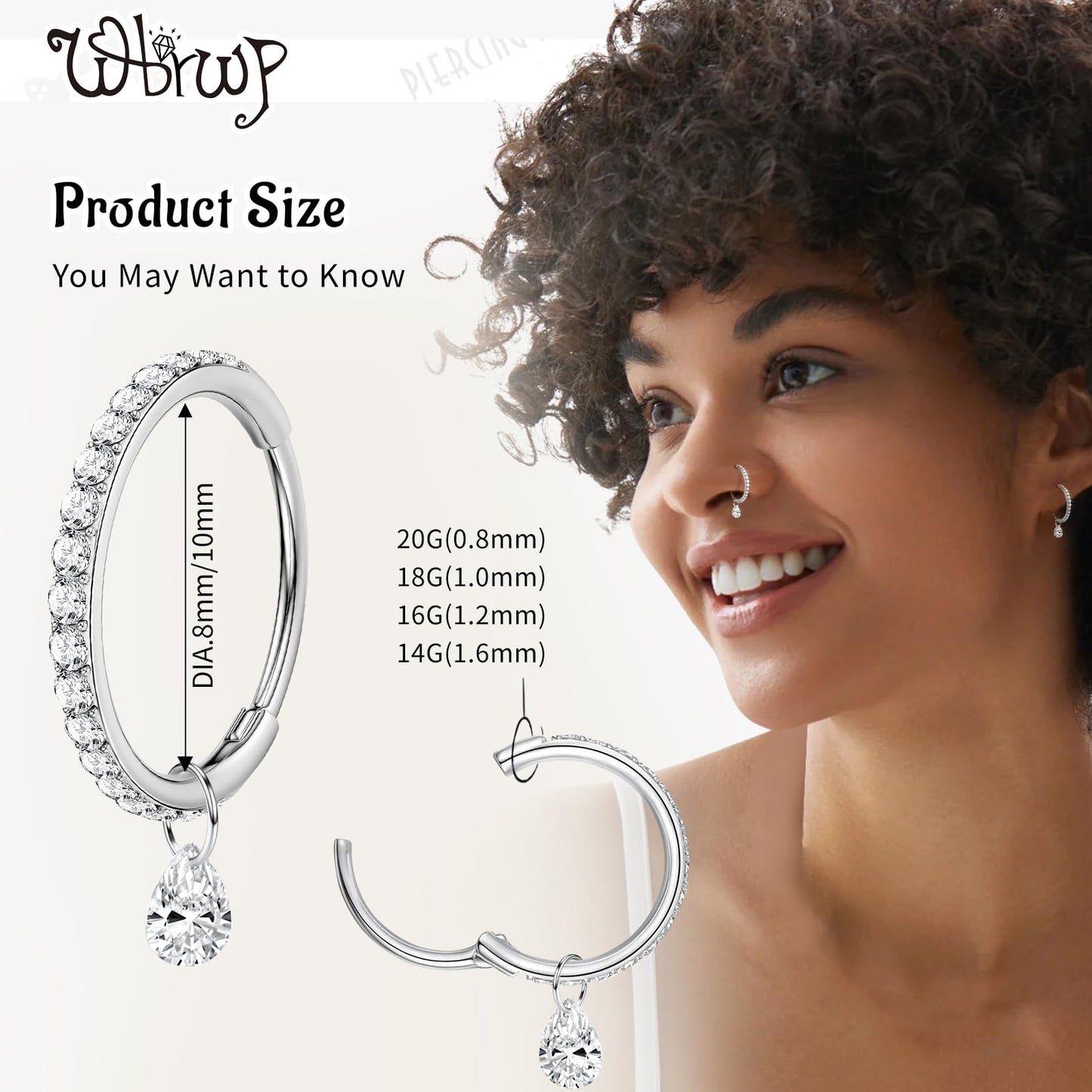 WBRWP 316L Stainless-Steel Hinged Nose Rings Hoop : Womens and Mens Ear Pierecing Dangle Ring with Zircon 16G(1.2mm) Septum Clic