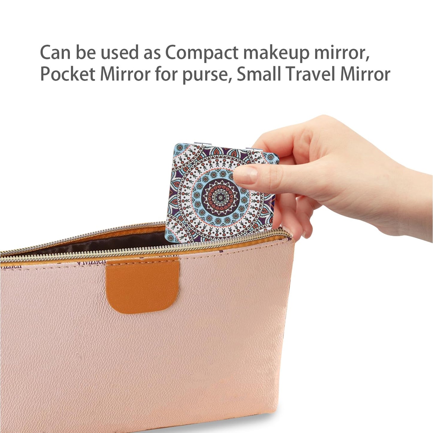PDOZV Pocket Mirror for Women, Square 2.8    Metal Frame PU Ethnic Style Double Sided Mini Magnifying 1X/3X Mirror for Purse Com