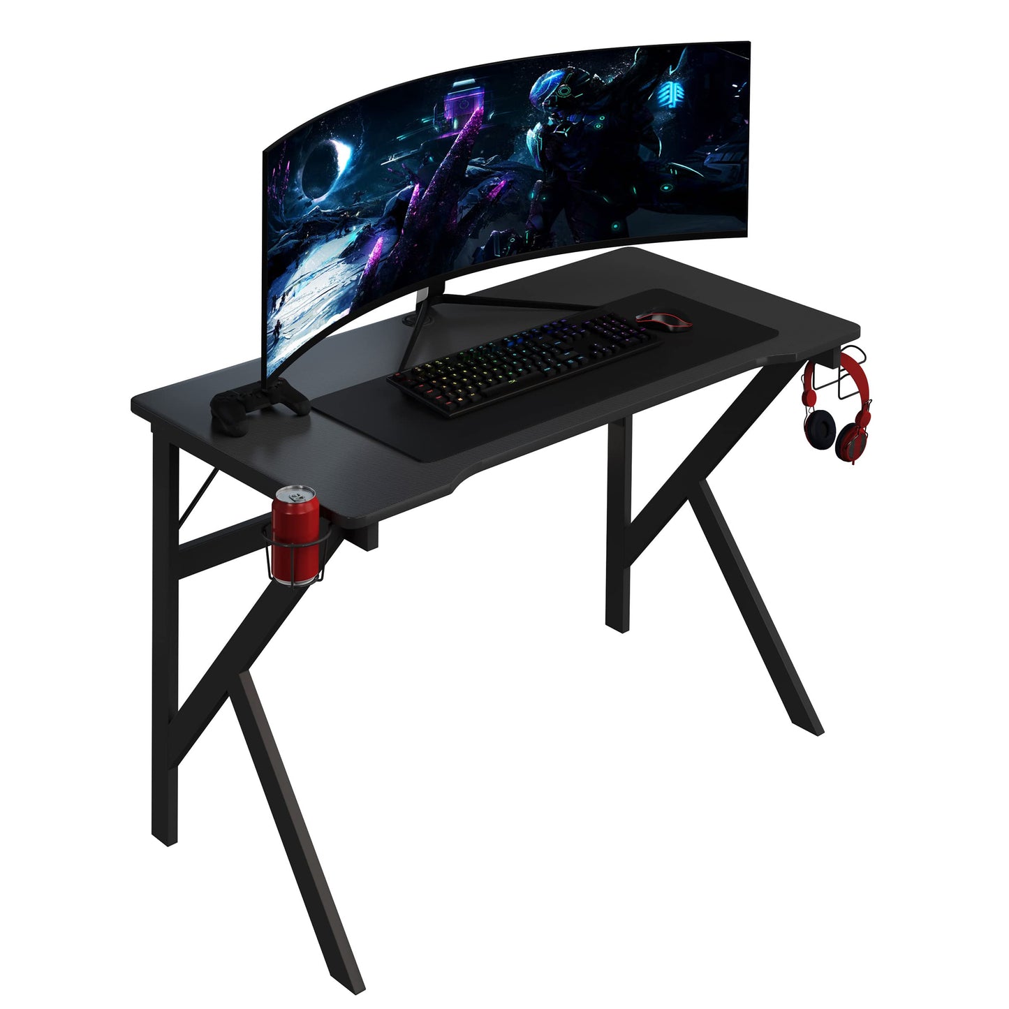 Gaming Computer Desk - Carbon Fiber Texture Finish PC Desk with Cup Holder, Headphones Hanger, K Shaped Legs, Cable Management by Lavish Home (Black)