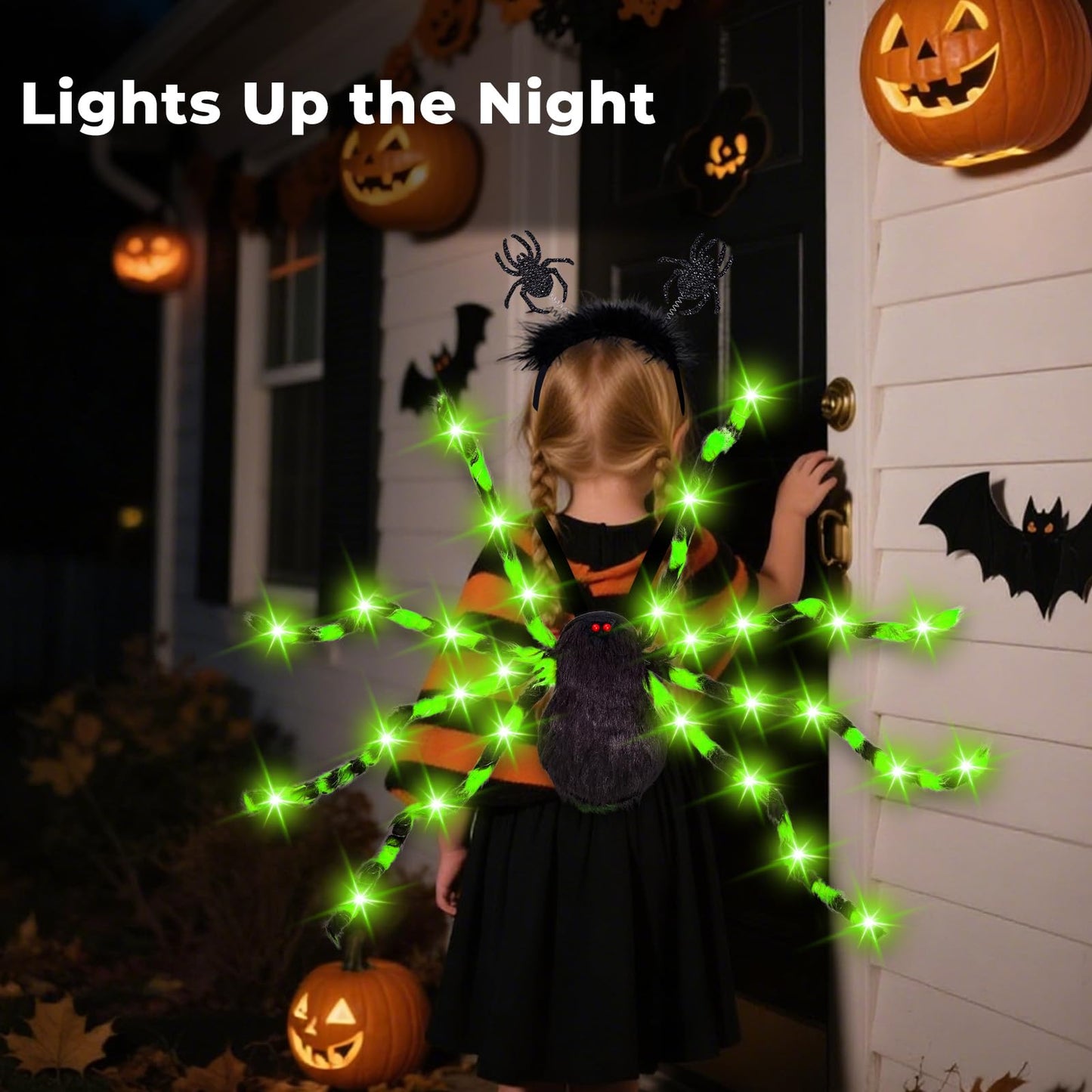 Thuodo Halloween Green Light-Up Spider Costume for Kids & Adults, LED Giant Spider Backpack with Headband, Creepy Spider Outfit with 60 Lights, Halloween Party Trick or Treat Gear– Battery Required