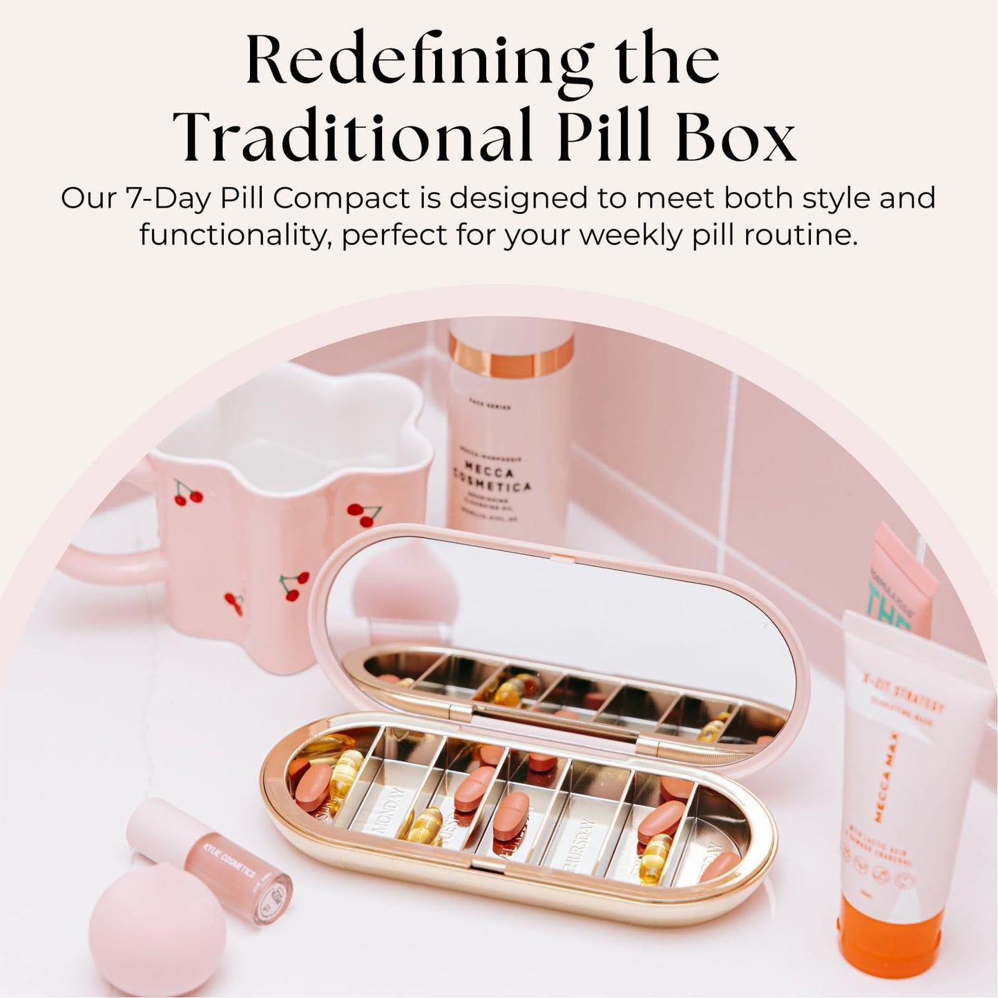 Dosey 7 Day Pill Compact Travel Pill Organizer - Pill Case with 7 Pill Compartments for Medicine Storage & Protection – Stylish & Elegant Medication Organizer with Mirror, Blush