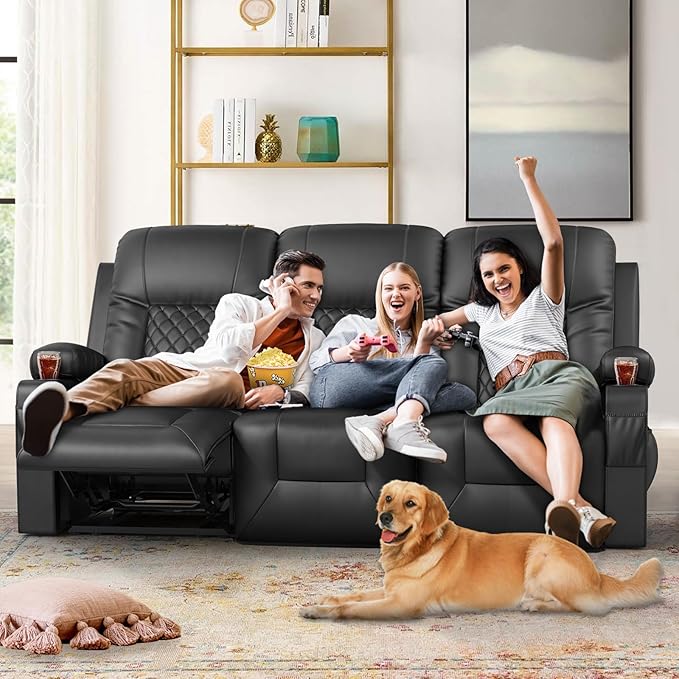 FURNIMAT Recliner Sofa Set with 3+1+1 Pieces in Living Room, 3 Seater Reclining Sofa with USB Ports, Cell Phone Holders, 2 Recliner Chairs with Vibration Massage and Heat Single Sofa Seat, Bedroom, RV