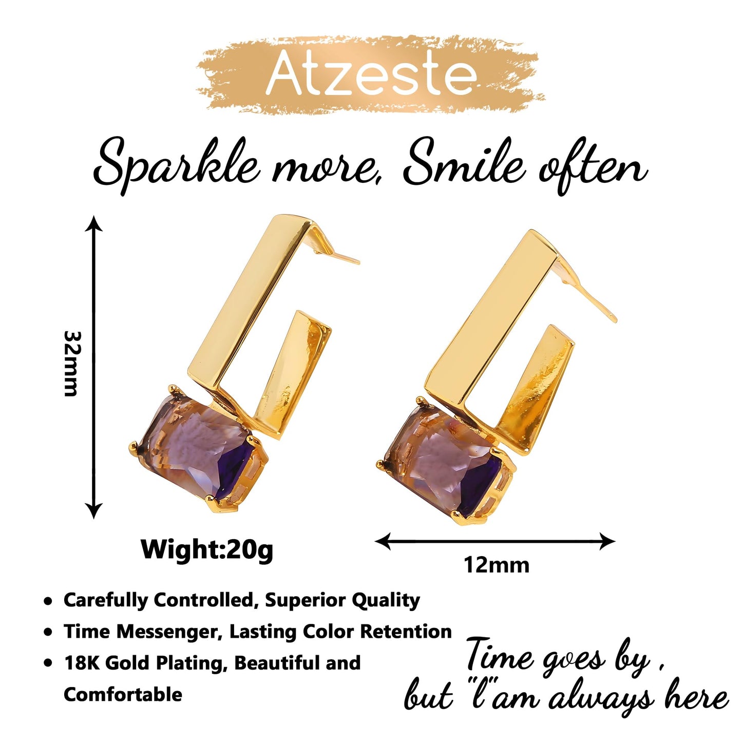 Atzeste 2025 Gold Earrings for Women, 18K Gold Plated Dangle Earrings for Women Unique Design, Trendy Purple Square Glass Drop Earrings for Fashion Jewelry Gifts