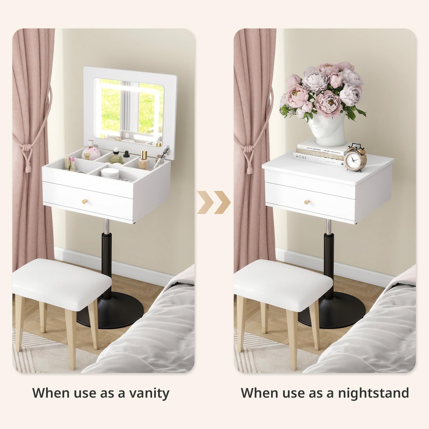 ARTETHYS Small Vanity Desk with Adjustable Height Rotating 3 in 1 Flip Top Makeup Vanity with Mirror and Lights Mini Corner White Dressing Table for Bedroom