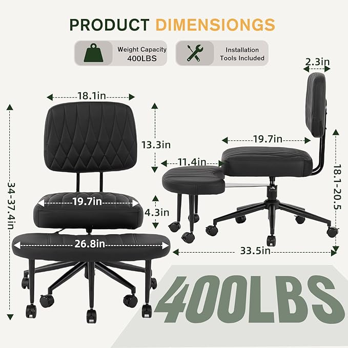 Ergonomic Cross Legged Office Chair with Wheels, Wide Seat and Backrest for Meditation, ADHD Cross Legged Office Chair with Adjustable Height, 360°Rotating Footrest for Yoga Home Office