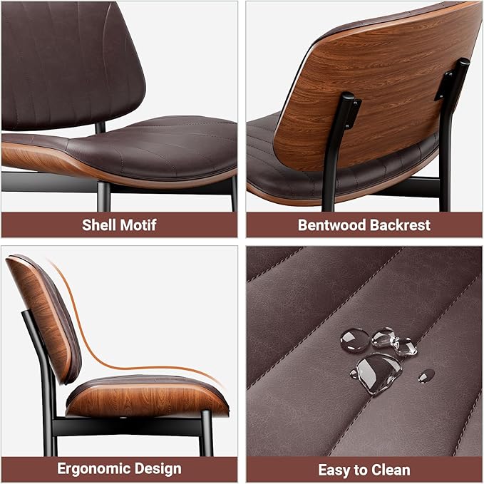 YaFiti Dining Chairs Set of 6, Dining Room and Kitchen Chairs, Mid Century Modern Accent Chair, Upholstered PU Leather Chairs for Vanity with Walnut Bentwood and Metal Legs, Brown