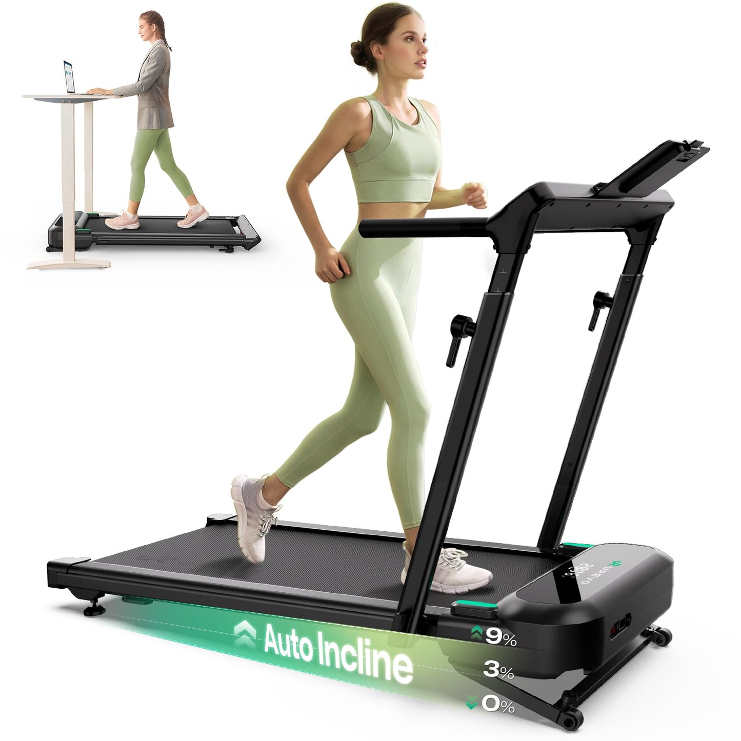 UREVO Foldimix 5L Treadmill with Multifunctional Desk, 9% Auto Incline Walking Pad for Home Office, Quiet 3.0HP Dual, 14-Point Shock Absorption, Folding Running Machine for Laptop/Work