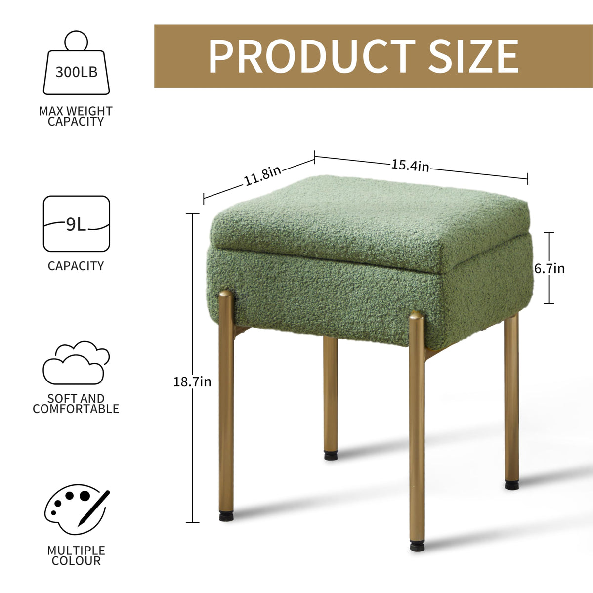 Vanity Stool Chair, Small Ottoman Stool with Storage, Makeup Vanity Chair with Anti-Slip Feet, Footstool Ottoman with Metal Legs, Storage Chairs for Makeup Room, Bedroom, Living Room (Green)