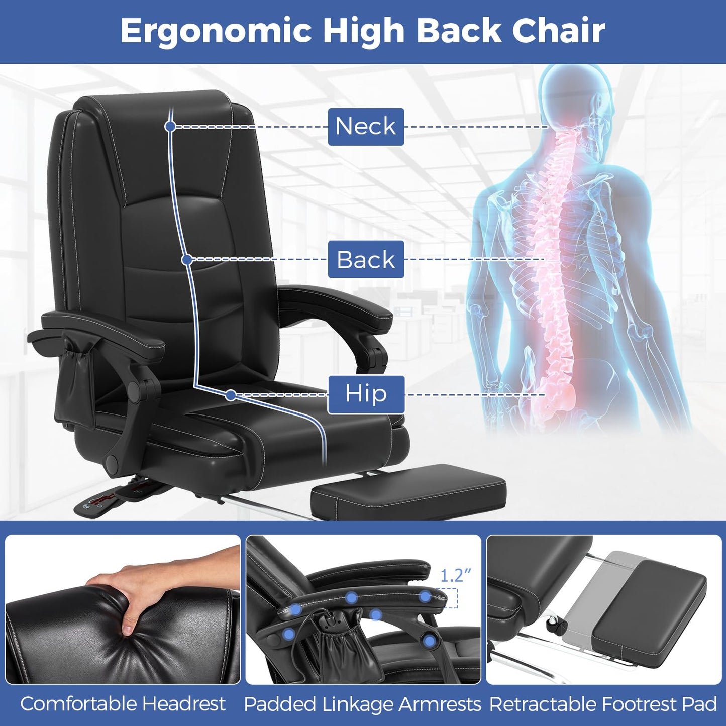 Giantex Massage Adjustable Executive Chair - 400 LBS Big and Tall Office Chair with Linkage Armrests, High Back Leather Swivel Computer Task Chair, Large Ergonomic Reclining Home Office Chair (Black)