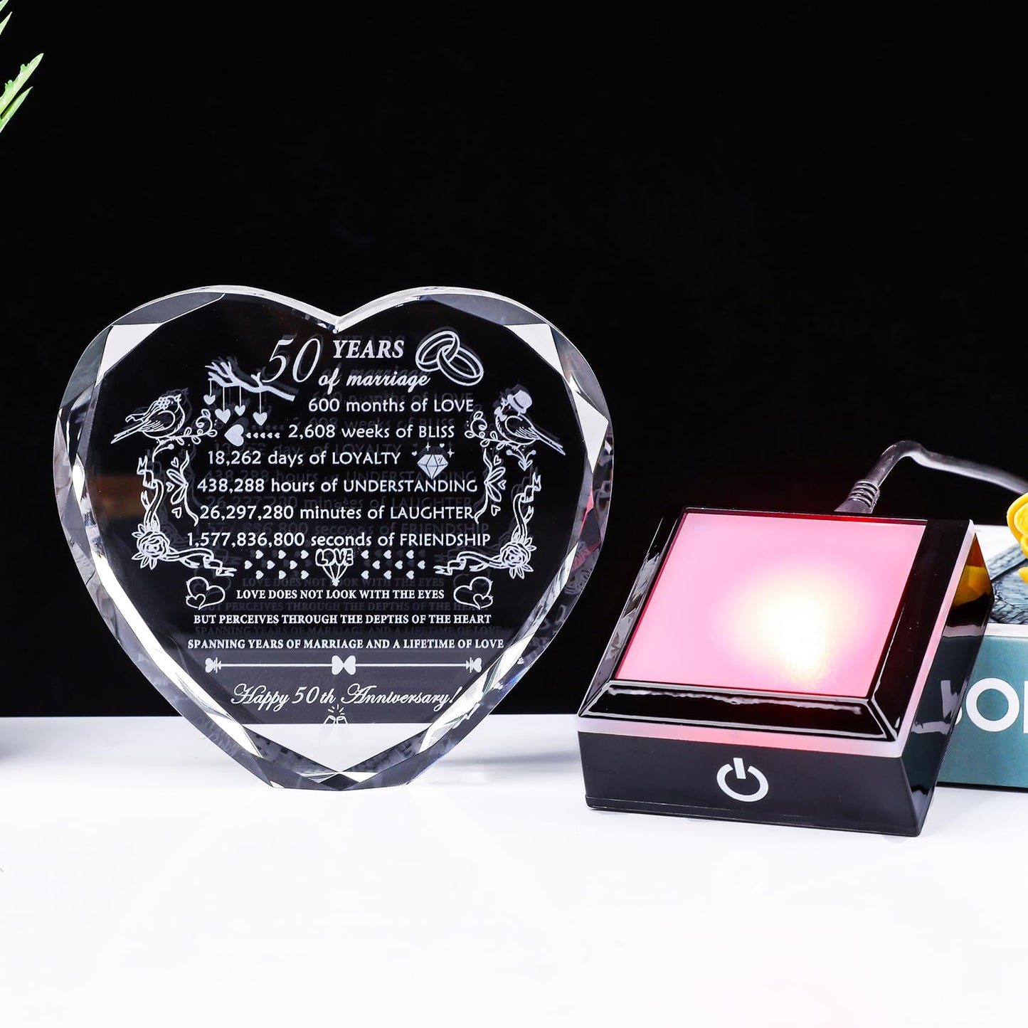 YWHL 50th Anniversary Crystal Gifts with Colorful LED Base Happy 50th Wedding Anniversary Heart Gift for Couples 50 Years of Marriage Gifts for Parents Husband Wife