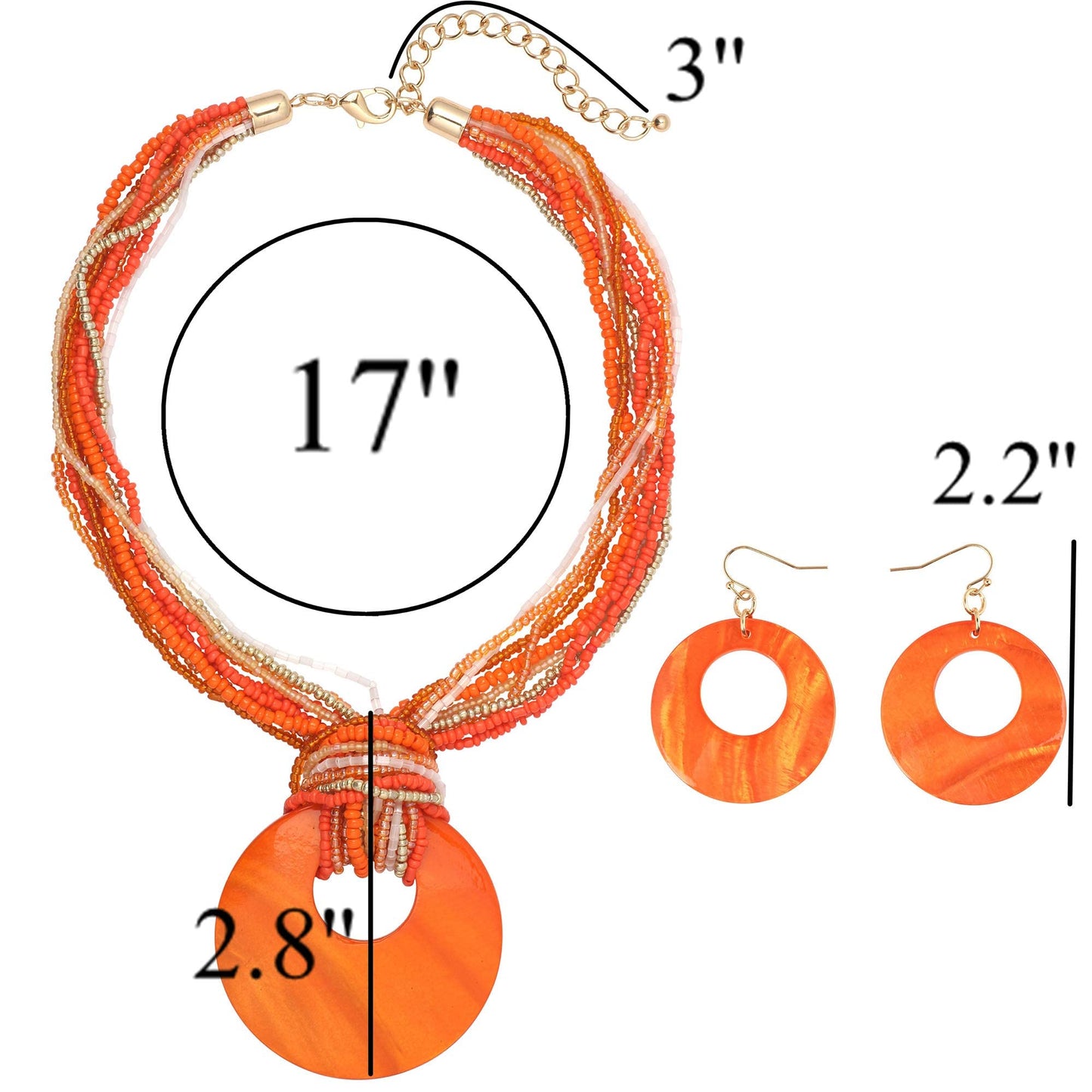 Coiris Multi Strand Statement Colorful Beaded Necklace Earrings Set with Big Circle Shell Pendant for Women (N0055-Orange)