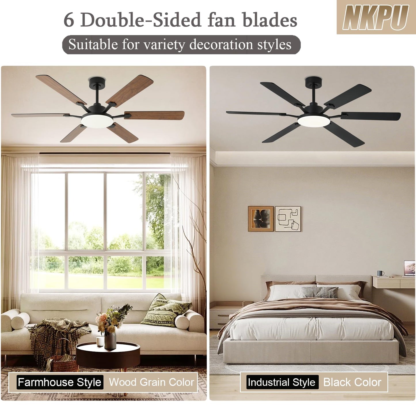 60 Inch Ceiling Fans with Lights, Large Modern Brown Ceiling Fan with Light and Remote Control, 6 Double Sided Blades, 6 Speed Reversible Motor, Dimmable LED, Silent Timing, Indoor Outdoor Patio Use