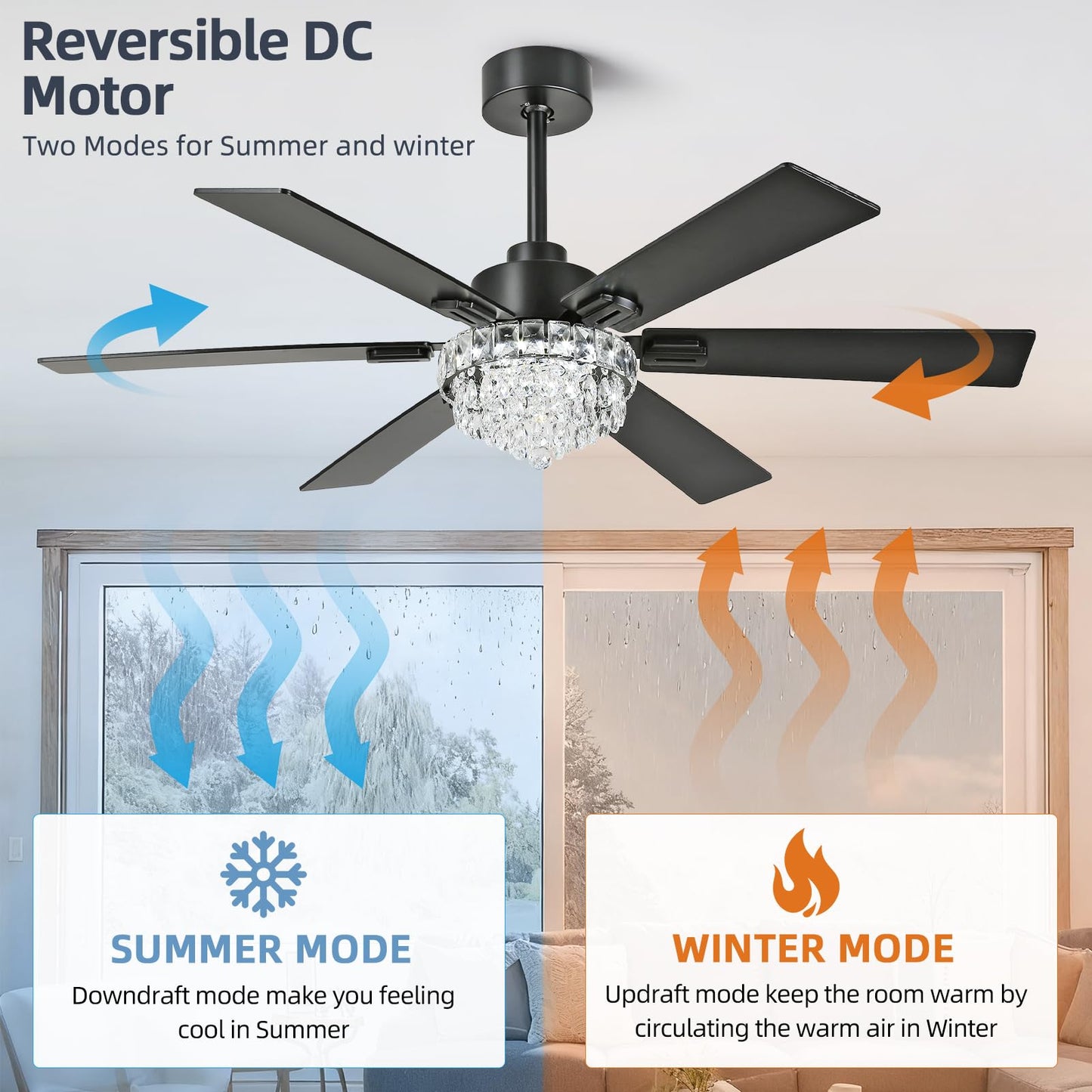 52 Inch Crystal Chandelier Ceiling Fan with Light, 6-Speed Remote Control Black Fandelier with Timer, 6 Reversible Blades Fan Chandelier for Living Room Bedroom, Dimmable LED Light, Quiet DC Motor