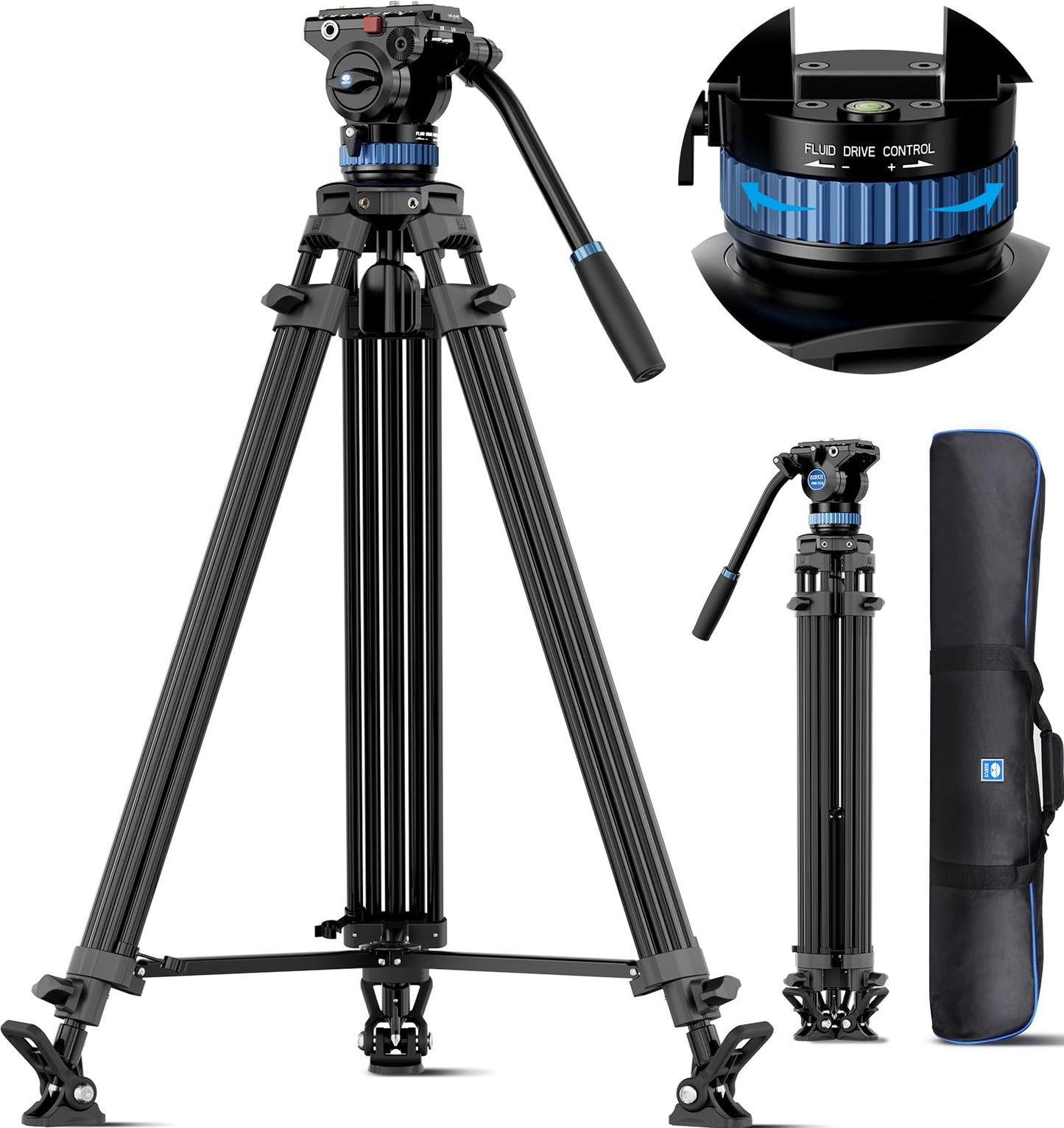SIRUI AM-25S Video Tripod, 74.8" Professional Heavy Duty Tripod with Adjustable Damping Fluid Head for Camcorder, Cameras, DSLR, 360° Pan & +90°/-75° Tilt, Quick Release Plate, Max Load 22.0lb