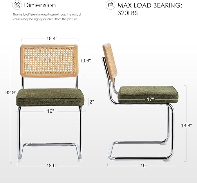 Zesthouse Natural Rattan Dining Chairs Set of 6, Mid Century Modern Dining Chairs with Solid Wood Back & Chrome Base, for Kitchen Living Room, Breuer Design Inspired, Upholstered Linen Fabric, Green