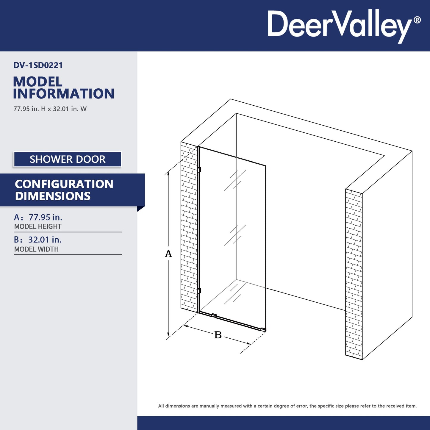 DeerValley 32"×78" Fixed Glass Shower Panel, 3/8'' (10mm) Thick Shower Glass Panel, Frameless Tempered Glass Door, Bathroom Shower Screen with Hardware (Matte Black)