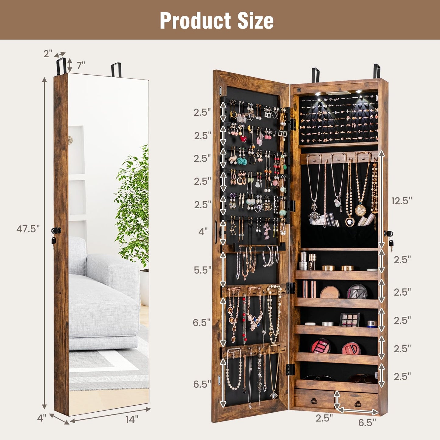 LDAILY Jewelry Armoire Wall or Door Mounted, Full-Length Mirror with Storage, Lockable Mirror Jewelry Cabinet w/ 2 Drawers, LED Lights, Over the Door Jewelry Organizer Box for Women Girls