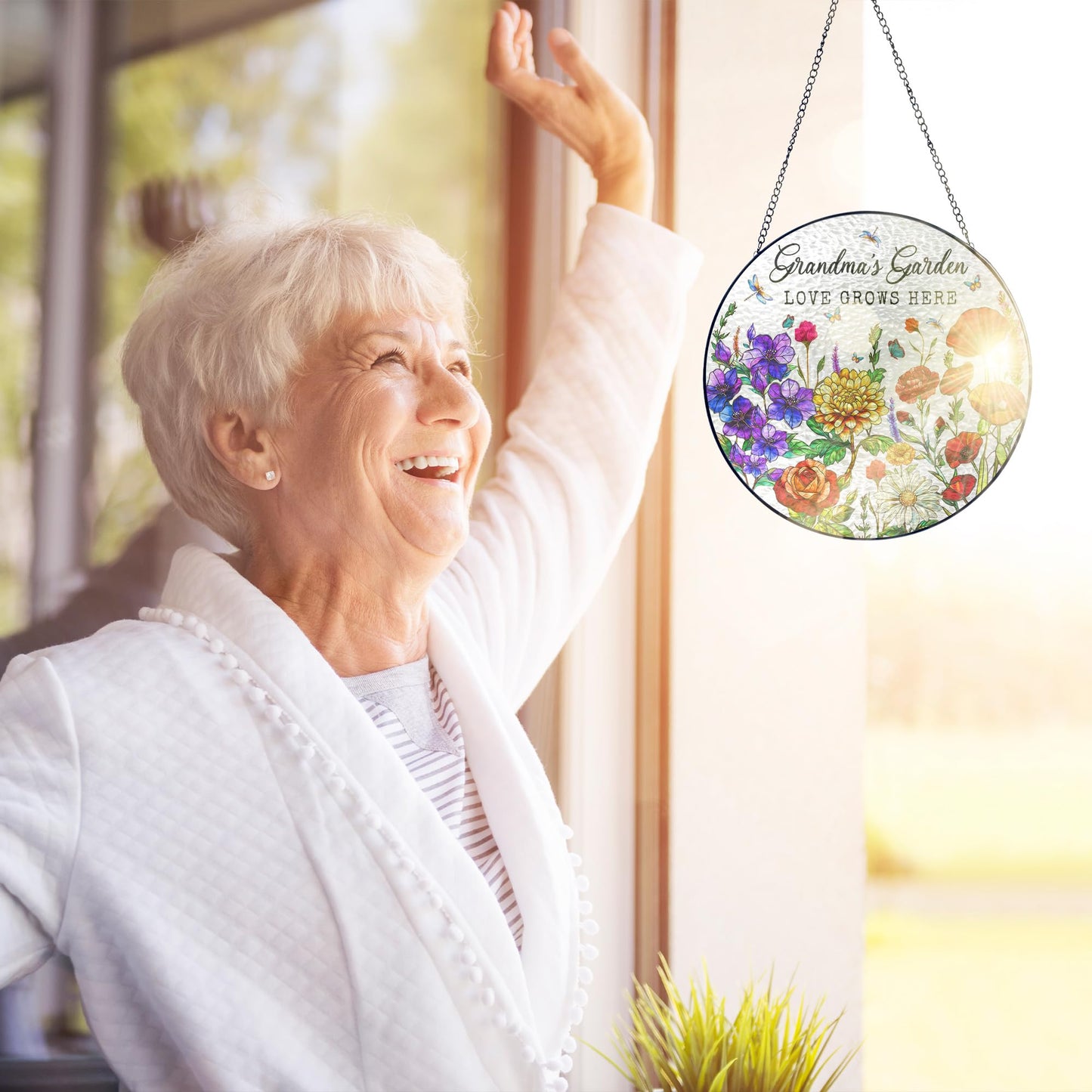 FLAGWIX Grandma Birthday Gifts - Grandma's Garden Stained Glass Window Hanging with Base 8 in - Birthday Gift for Grandma, Christmas Grandparents Day Gifts for Nana Gigi, Sun Catchers Indoor Window
