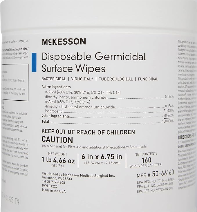 McKesson Germicidal Surface Wipes, Pre-Moistened Alcohol Cleaning Wipes for Hard Surfaces, Non-Woven Cloth - 6 in x 6 3/4 in, 160 Wipes, 1 Pack, 1 Count (Pack of 160)