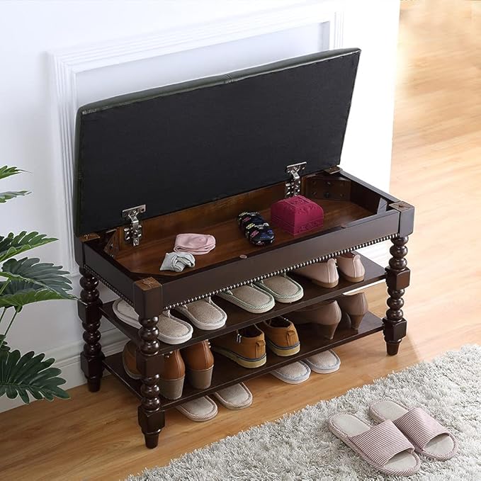 LEILISI Shoe Bench, Wood Storage Bench with Cushion Seat, Shoe Rack with Hidden Storage Space for Entryway Living Room Bedroom Hallway (Walnut, 31.5'')