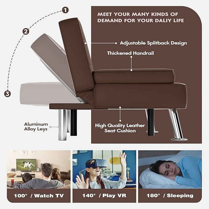 JUMMICO Faux Leather Futon Sofa Bed Futon Couch with Removable Armrests Adjustable Sleeper Sofa Bed with 2 Cup Holders for Living Room (PU Leather, Brown)