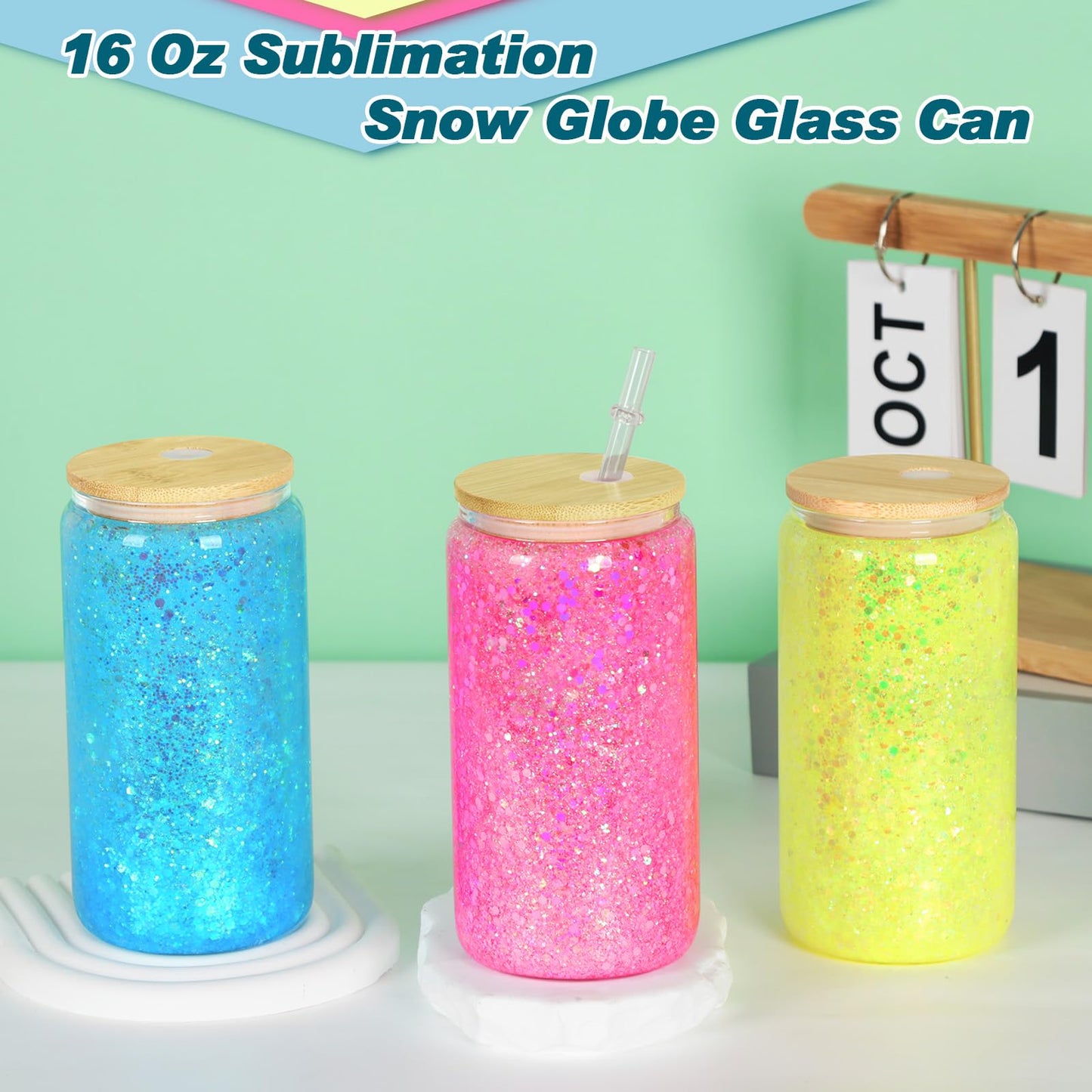 Micellwuu 8 Pack 16 Oz Sublimation Snow Globe Tumbler, Snow Globe Cups with Pre Drilled Hole, Double Wall Beer Can Glass Mason Jar Mug with Bamboo Lids and Straws for Snowglobe DIY