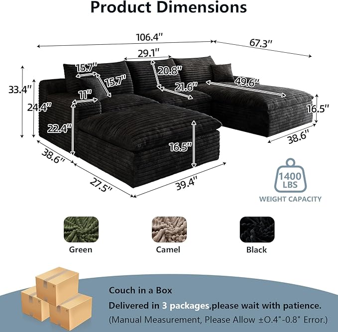 107" Cloud Sectional Couch U-Shaped Chaise with Ottoman, Corduroy Boneless Couch for Living Room Bedroom, Deep-Seat Upholstered Modular Cloud Sofa, No Assembly Required (Black, Right Facing Chaise)