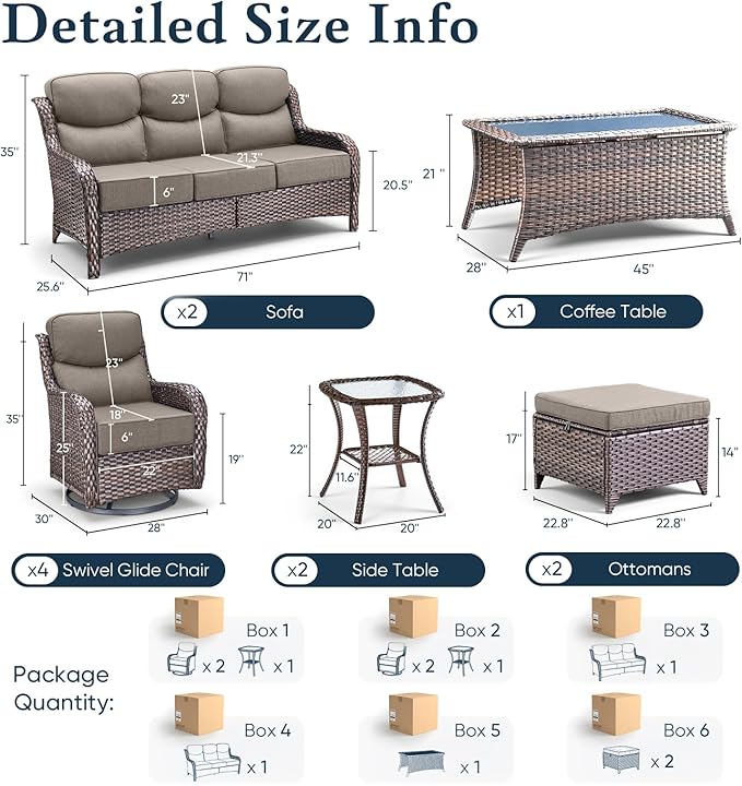 Belord Luxury 6" Thick Cushioned 11 Pieces Patio Furniture Set with Outdoor Couch, Wicker Outdoor Conversation Set with High Back Swivel Rocker Chairs for Deck Porch Yard and Poolside - Brown+Grey