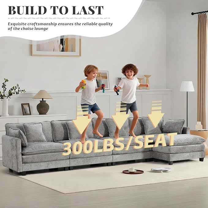 SoarFlash 149.61" Chenille Sectional Sofa, Comfy L Shaped Modular Coush Sofa with Ottoman, Modern 4 Seat Couch Deep Seat Sofa Set for Living Room,Grey