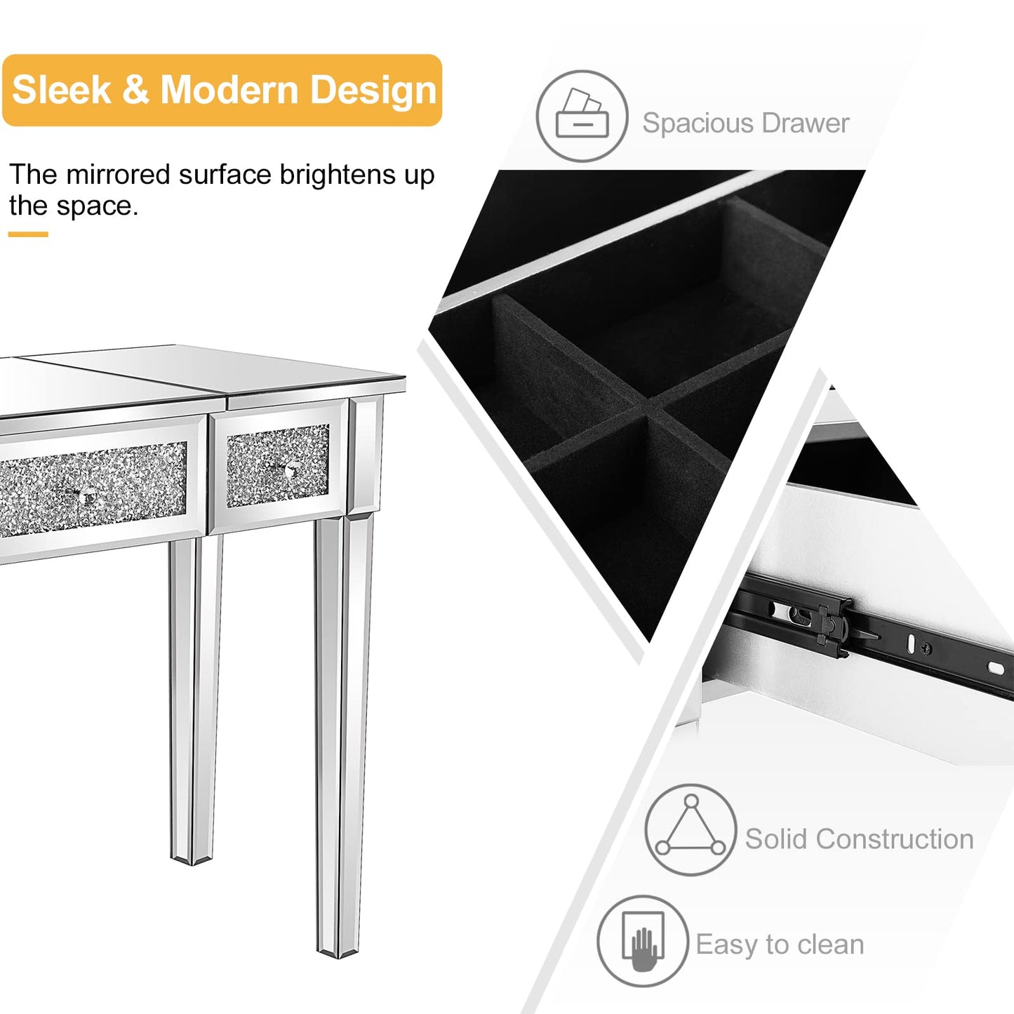VINGLI Mirrored Vanity Desk With Drawers and Flip Mirror, Glass Table, Silver Makeup Desk for Bedroom/Makeup Room